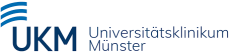 Blaues Logo des Universitätsklinikum Münster UKM mit drei Streifen