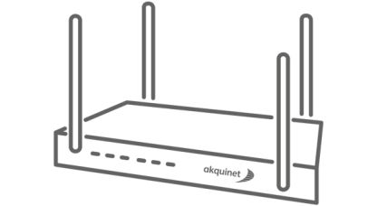 Grafik eines flachen, rechteckigen WLAN-Routers mit vier Antennen und AKQUINET Logo
